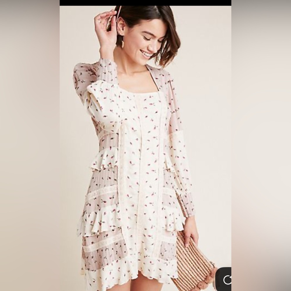 Anthropologie Cream and Pink Long Sleeve Dress